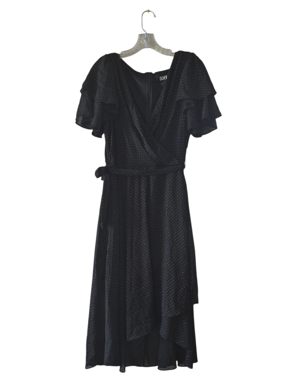 DKNY Faux Wrap Midi Dress Women's 14 Black Gold Metallic Polka Dot Cocktail